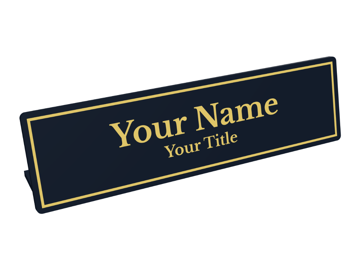 Personalized 3D-printable custom name plate — A desk name plate — several lines, an optional border and logo, inlaid in a second color; on a foot or a solid wedge.