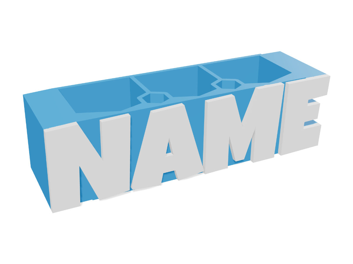 Personalized 3D-printable pen holder — The name as a solid desk block with hexagon pen holes drilled in from the top.