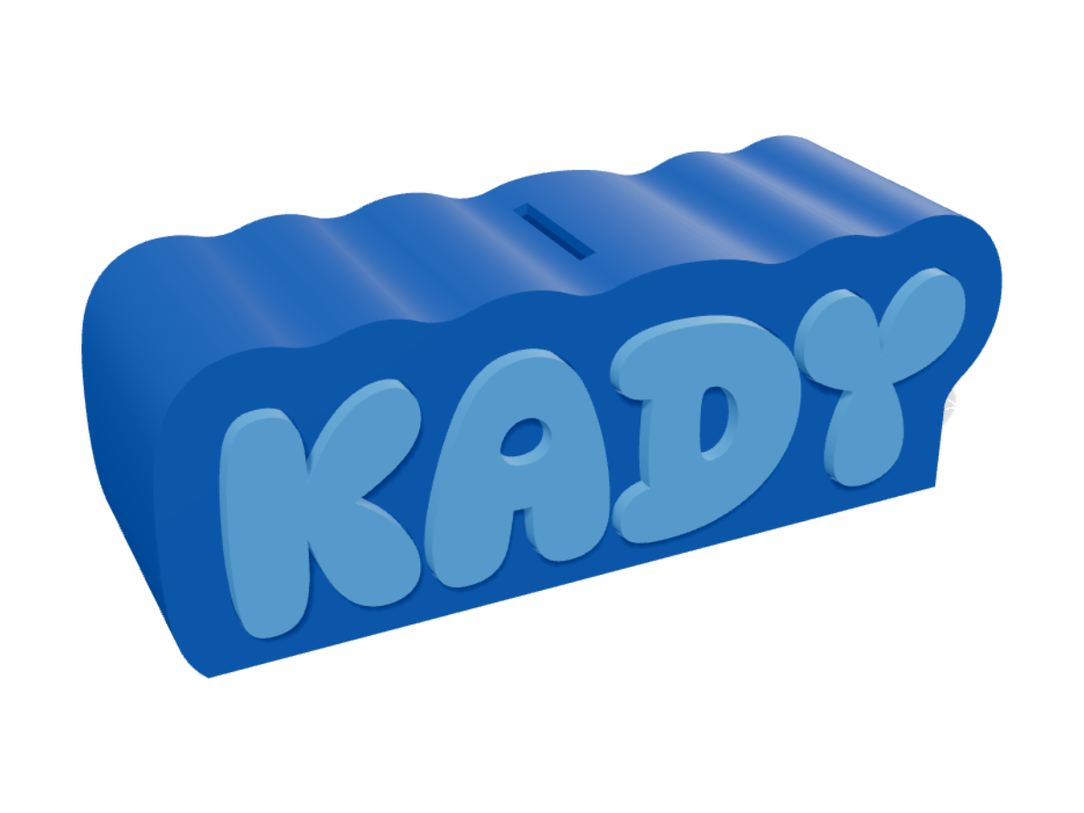 Personalized 3D-printable name piggy bank — A coin bank shaped like the name, with a coin slot on top and a twist-lock plug to get the savings out.