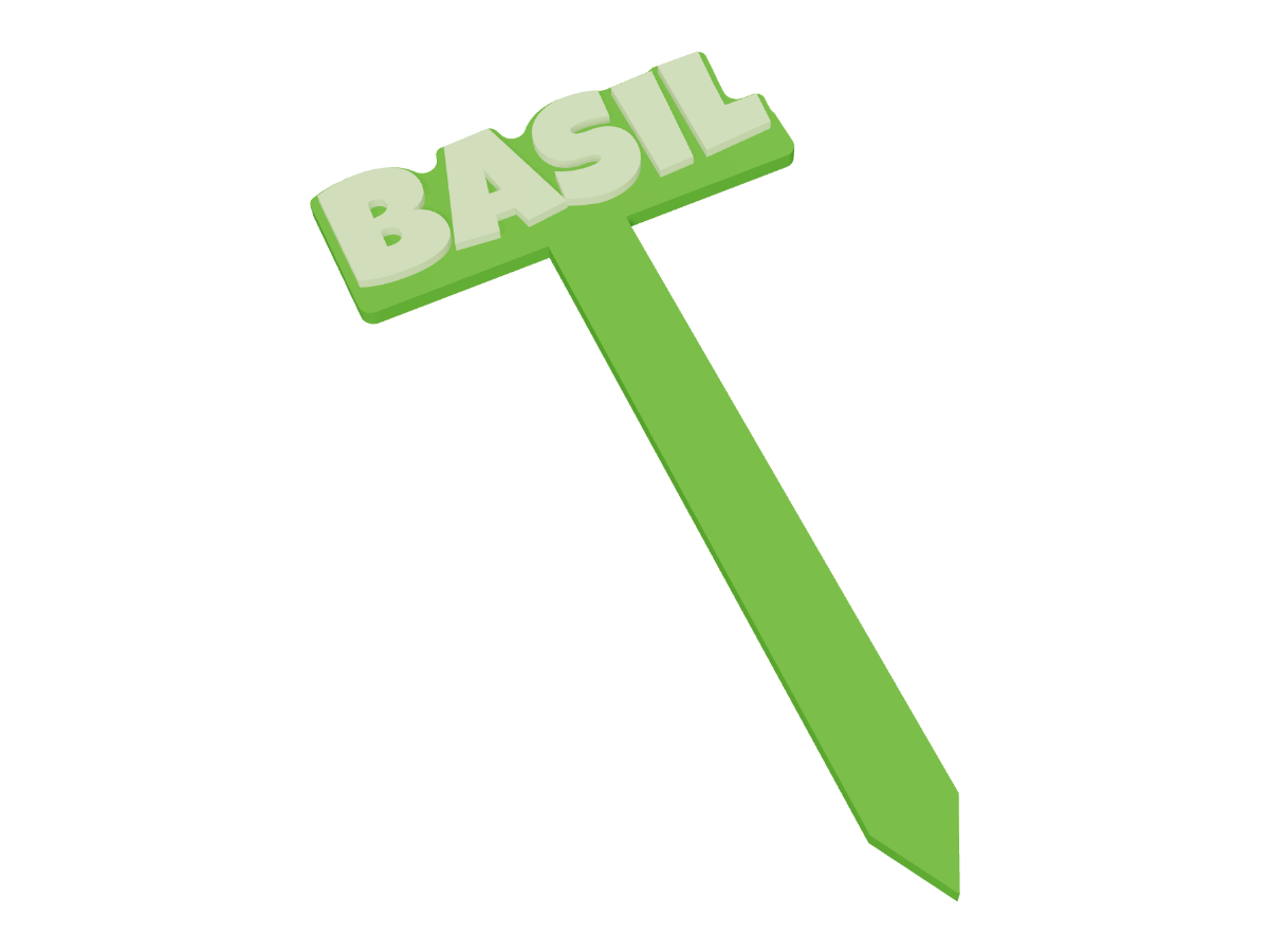 Personalized 3D-printable plant label — A garden marker with the plant name on top and a pointed stake to push into the soil.