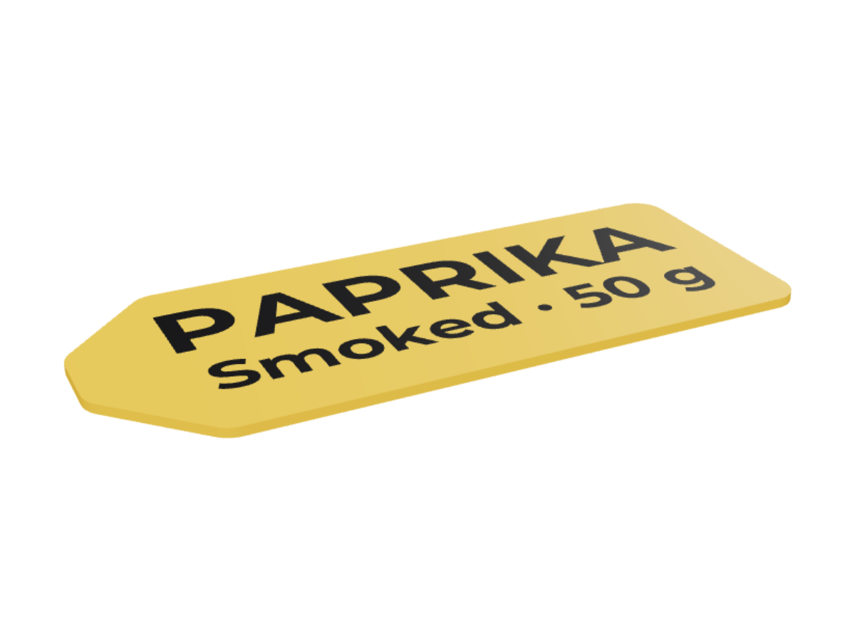 Personalized 3D-printable sticker label — A thin flat label to glue on jars, bins and drawers — text flush or raised, in batches on one plate.